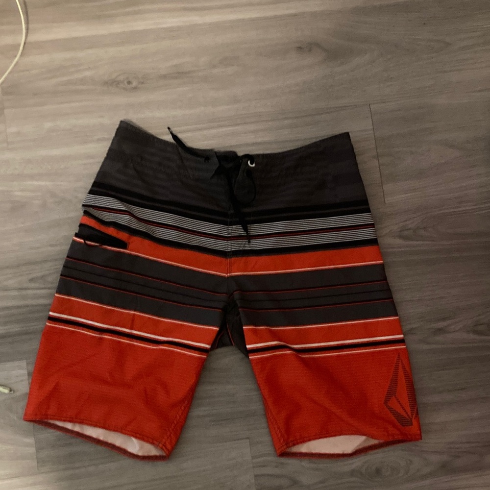 Volcom Men's Swim Shorts - Black and Orange Stripes